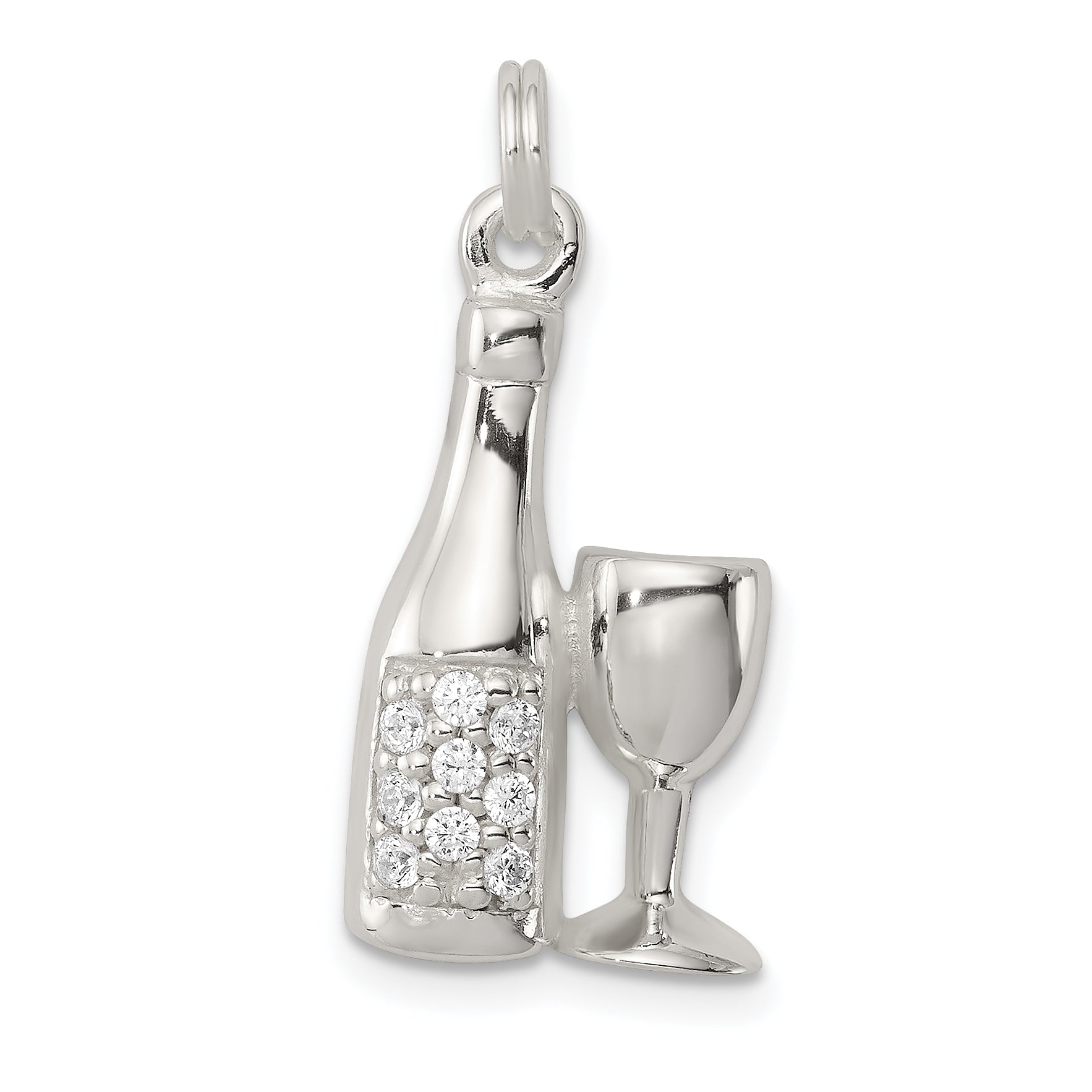 Sterling Silver CZ Wine/Champagne Bottle/Glass Charm Pendant Main image