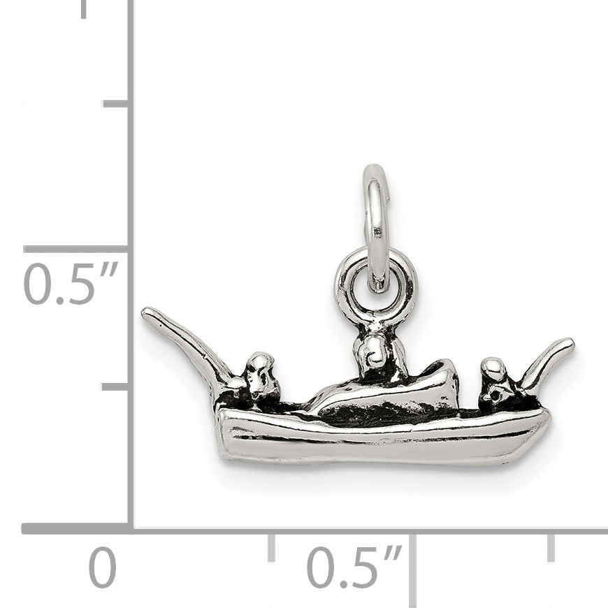Sterling Silver 925 Polished Boat Charm with 3D Antiqued Design