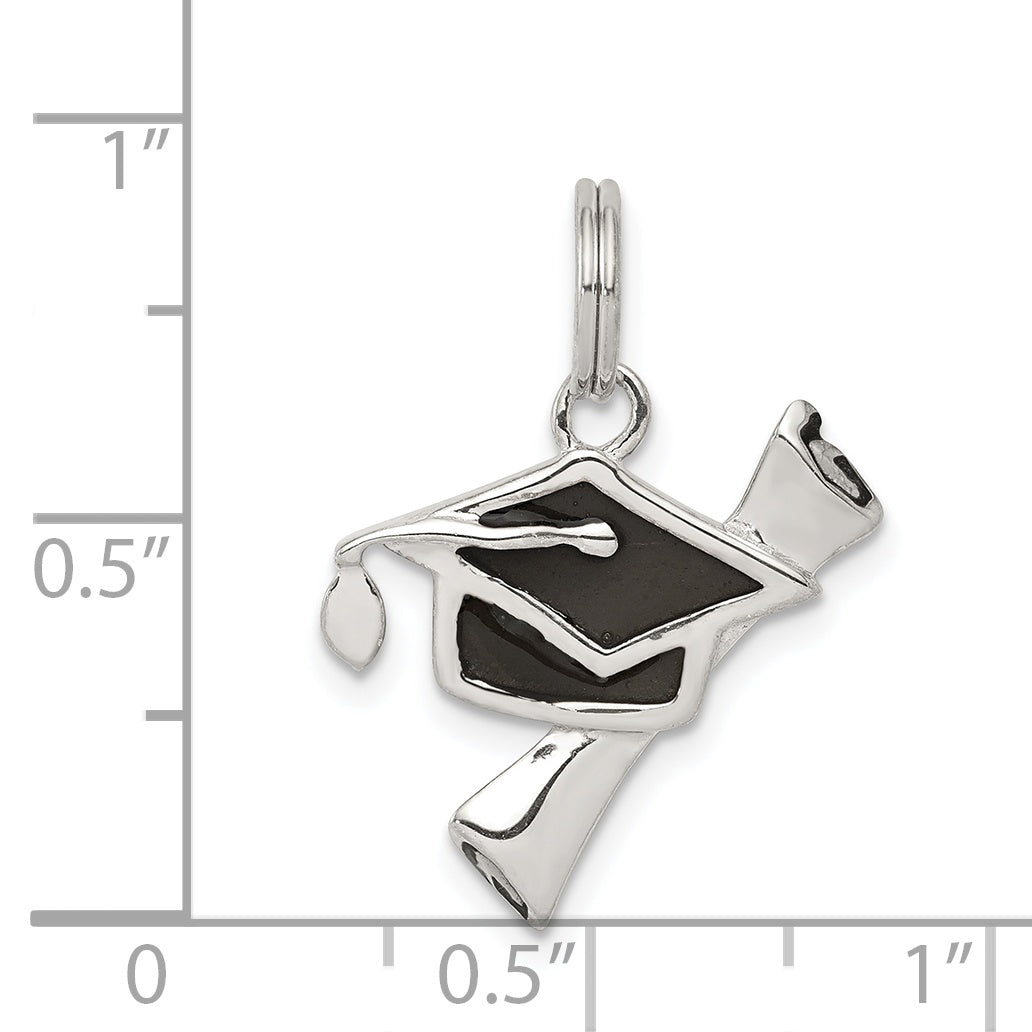 Sterling Silver 925 Graduation Cap Charm with Rhodium Black Enamel Finish