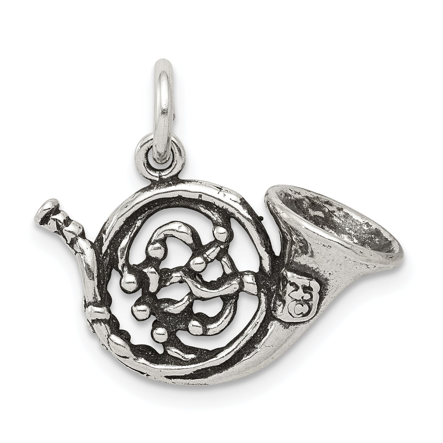 Sterling Silver 925 Men's Antiqued French Horn Charm 3D Design