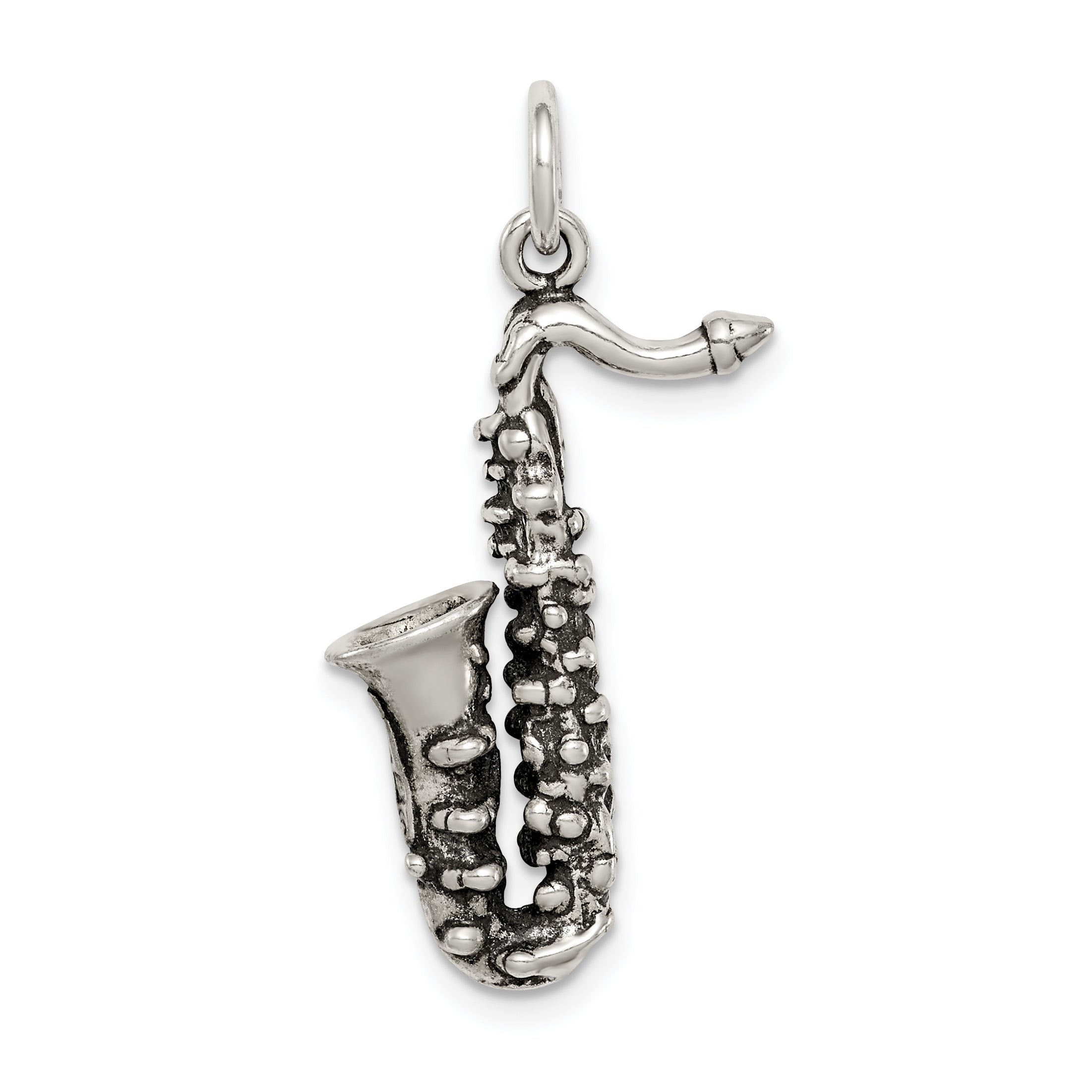 Sterling Silver 925 Men's Saxophone Charm with Antiqued 3D Design