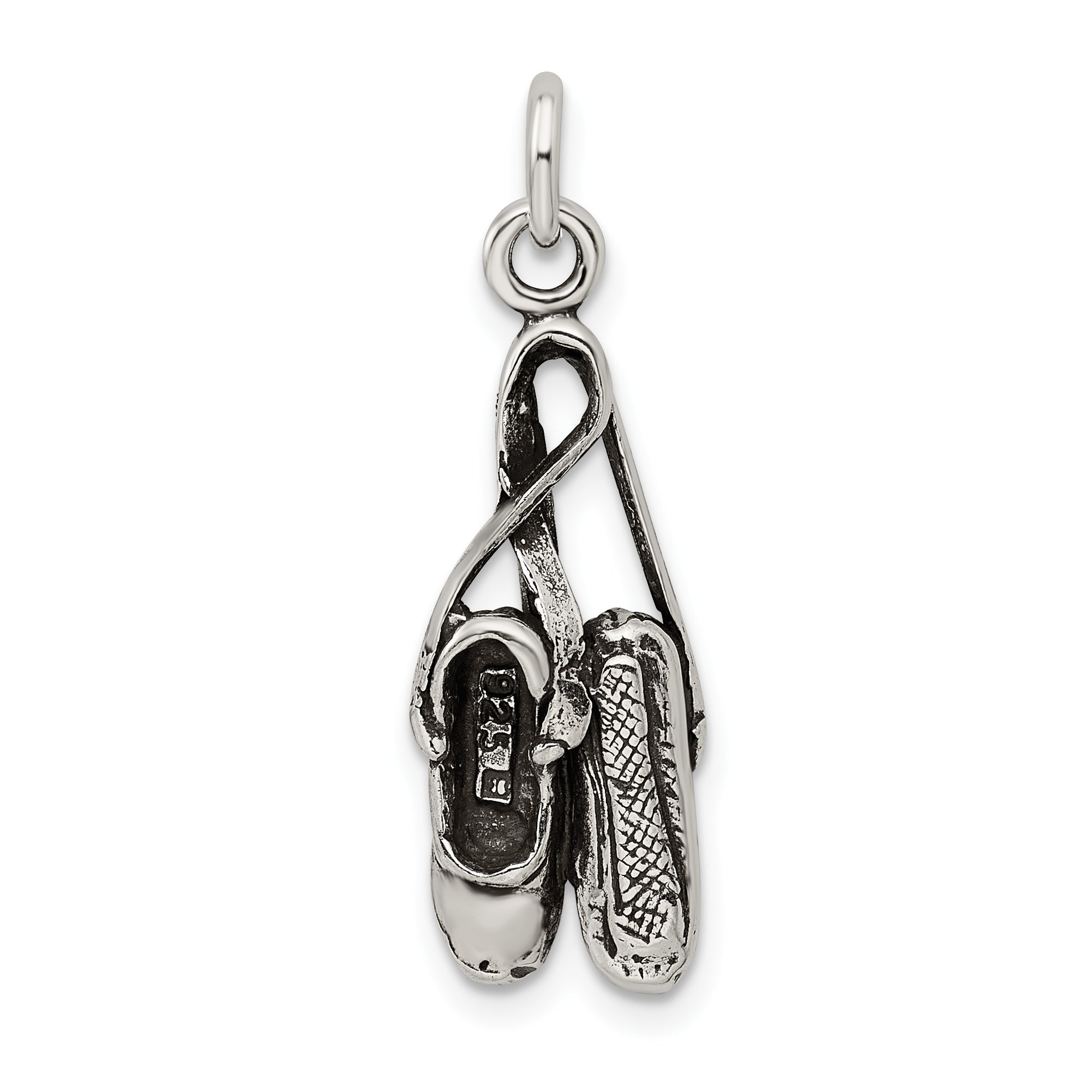 Sterling Silver 925 Ballet Shoes Charm with Antiqued 3D Design