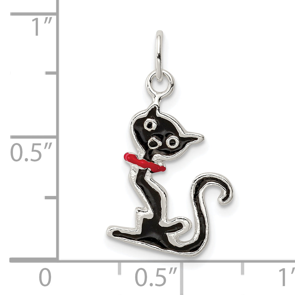 Sterling Silver 925 Black Enameled Cat Charm with Anti-Tarnish Finish