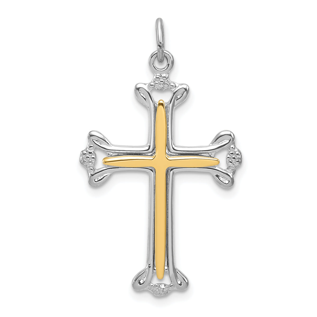 Sterling Silver Rhodium-plated Polished Vermeil Budded Cross Pendant