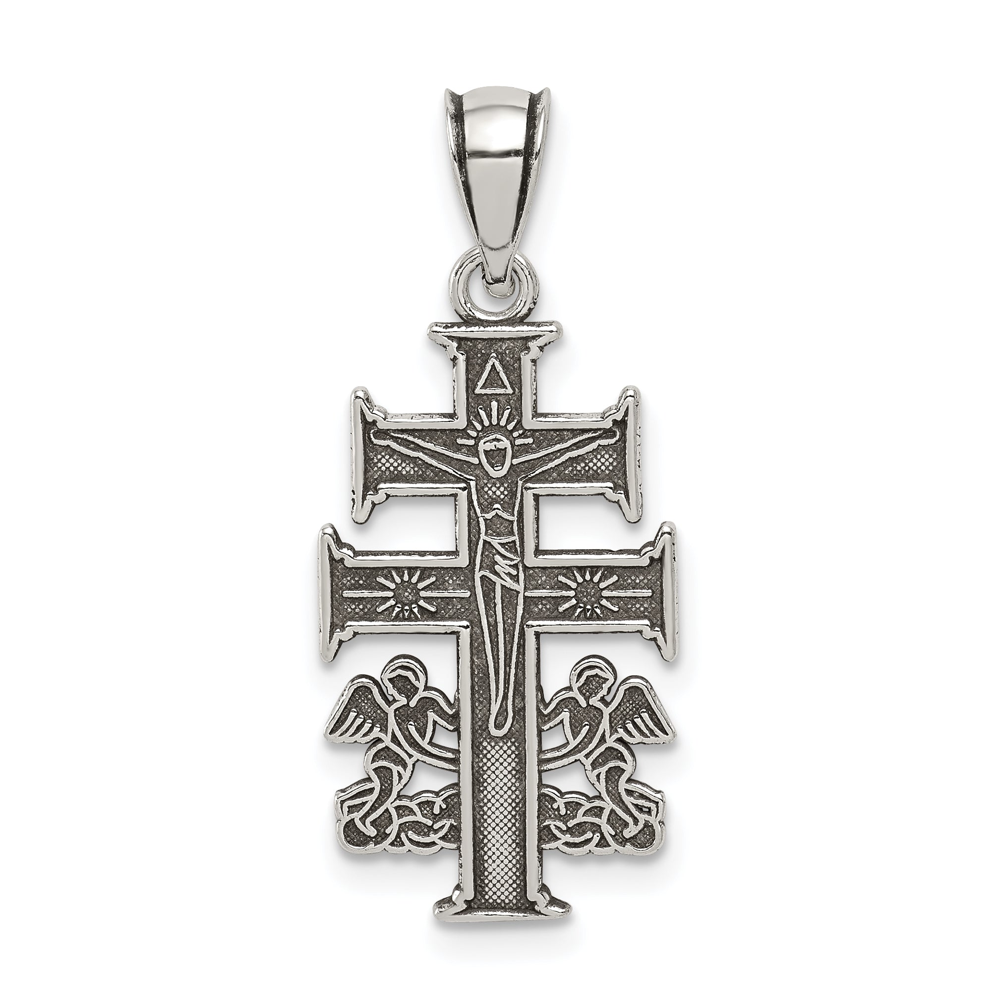 Sterling Silver Antiqued Caravaca Double Cross w/Angels Crucifix Pendant Main image