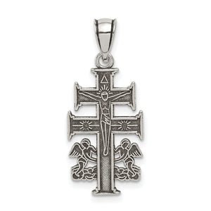 Caravaca Double Cross Pendant in Sterling Silver with Angels, 21mm - Sophia Jewelers
