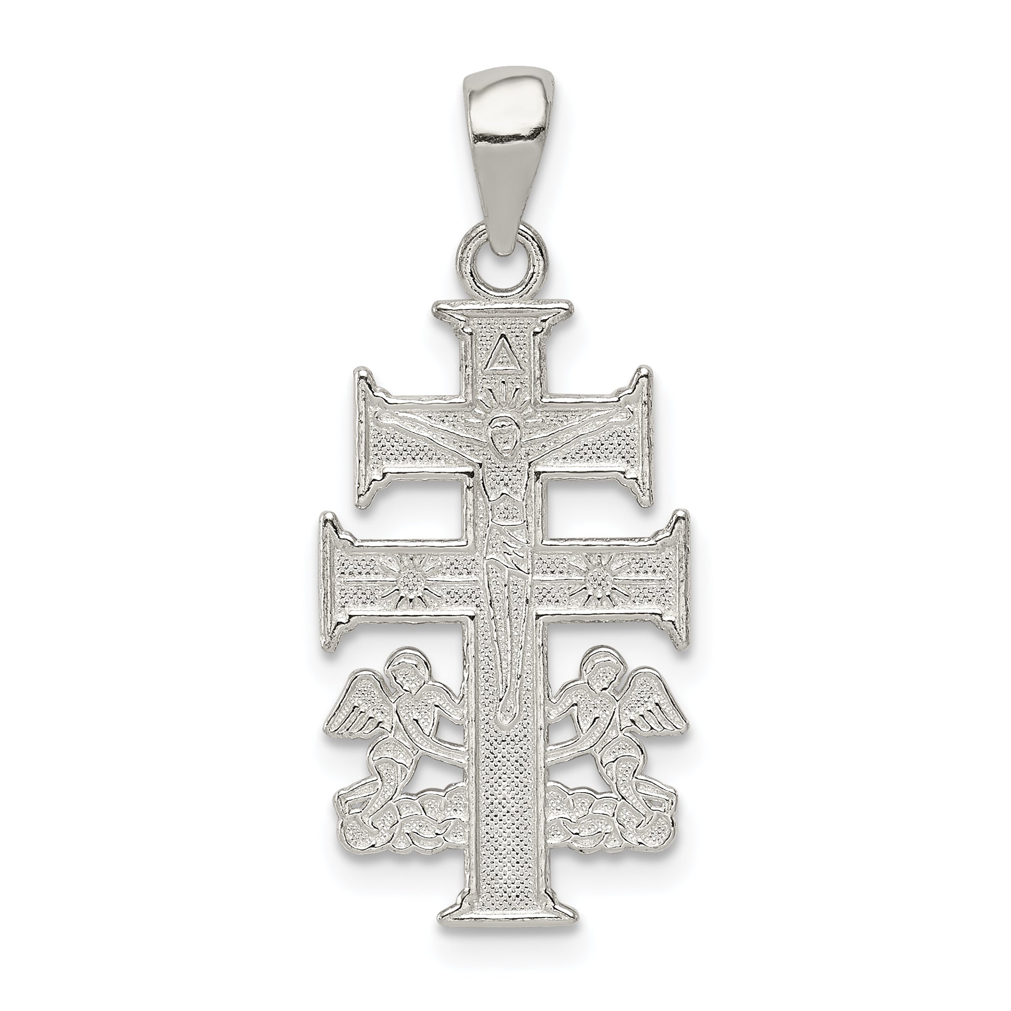 Sterling Silver Polished Caravaca Double Cross w/Angels Crucifix Pendant Main image
