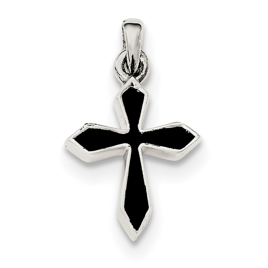Sterling Silver Polished Black Enameled Cross Pendant
