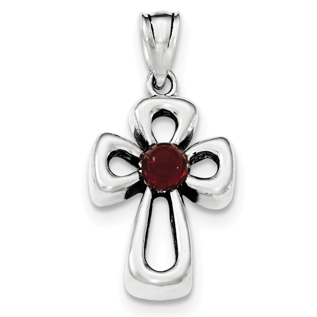 Sterling Silver Antiqued Open Cross w/ Red Stone Pendant
