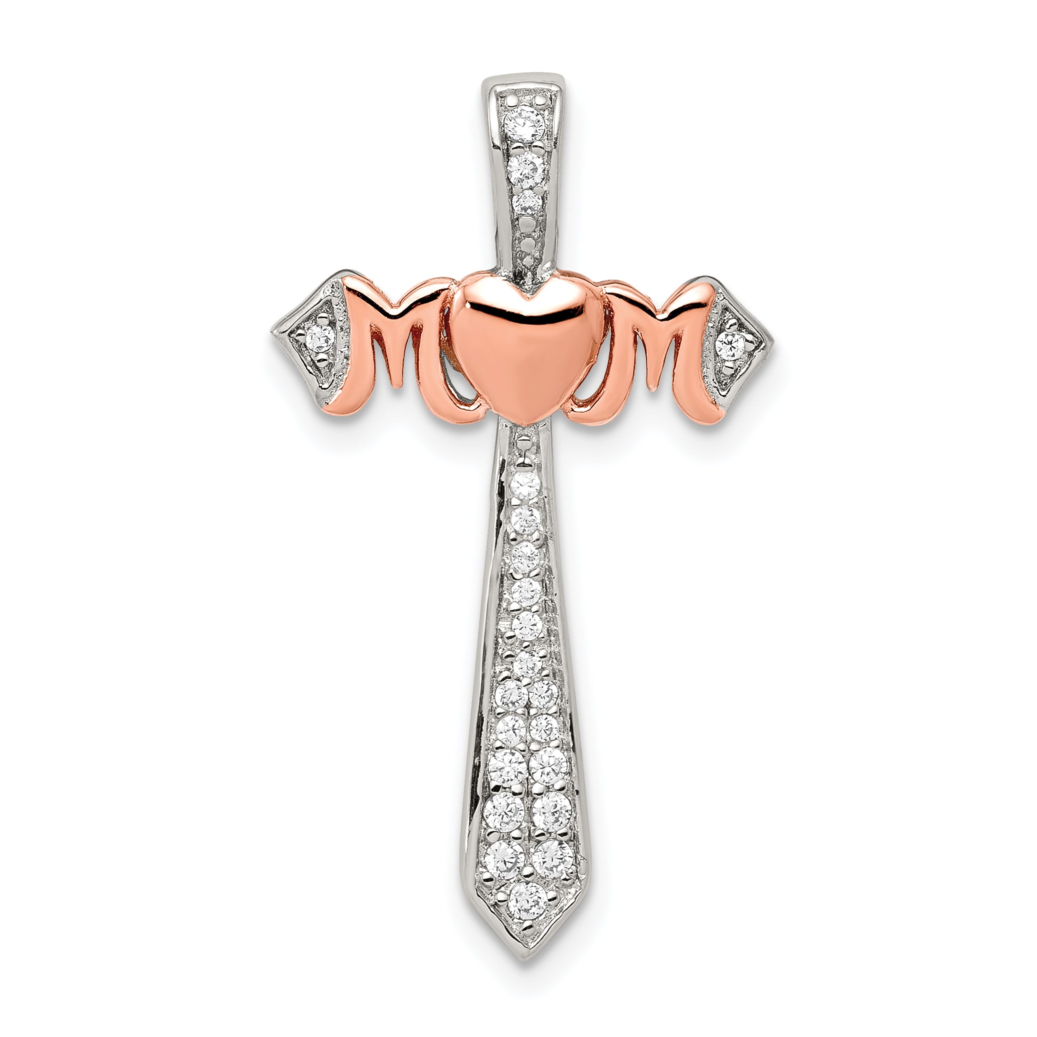 Sterling Silver Polished Rhodium & Rose Gold-plated Mom CZ Cross Pendant Main image