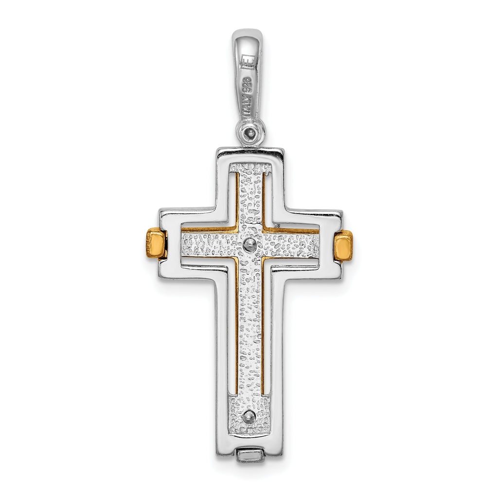 Sterling Silver Two-Tone Cross Pendant with Rhodium and Gold Accents