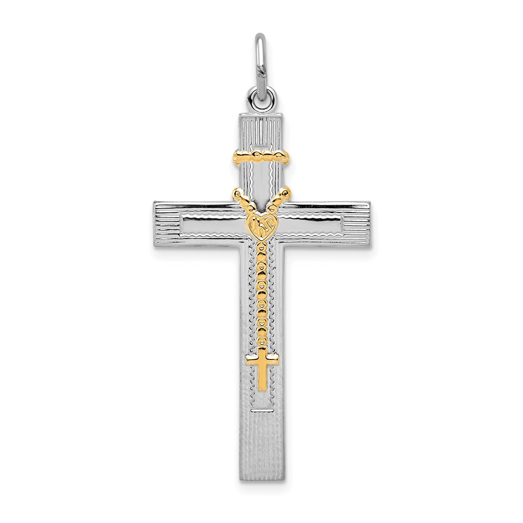 Sterling Silver Rhodium-plated & Gold-tone Rosary on Cross Pendant
