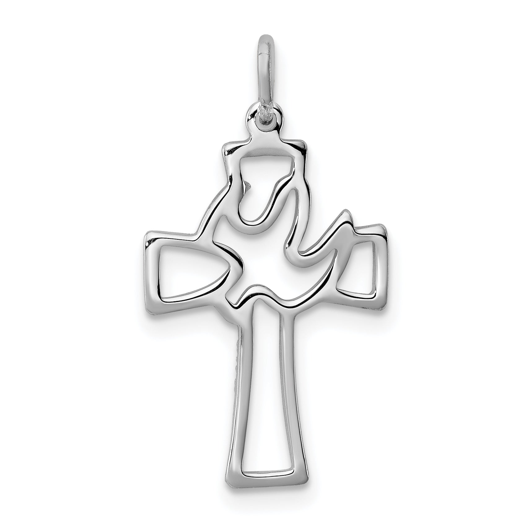 Sterling Silver Rhodium-plated Polished Mini Cut-out Dove Cross Pendant