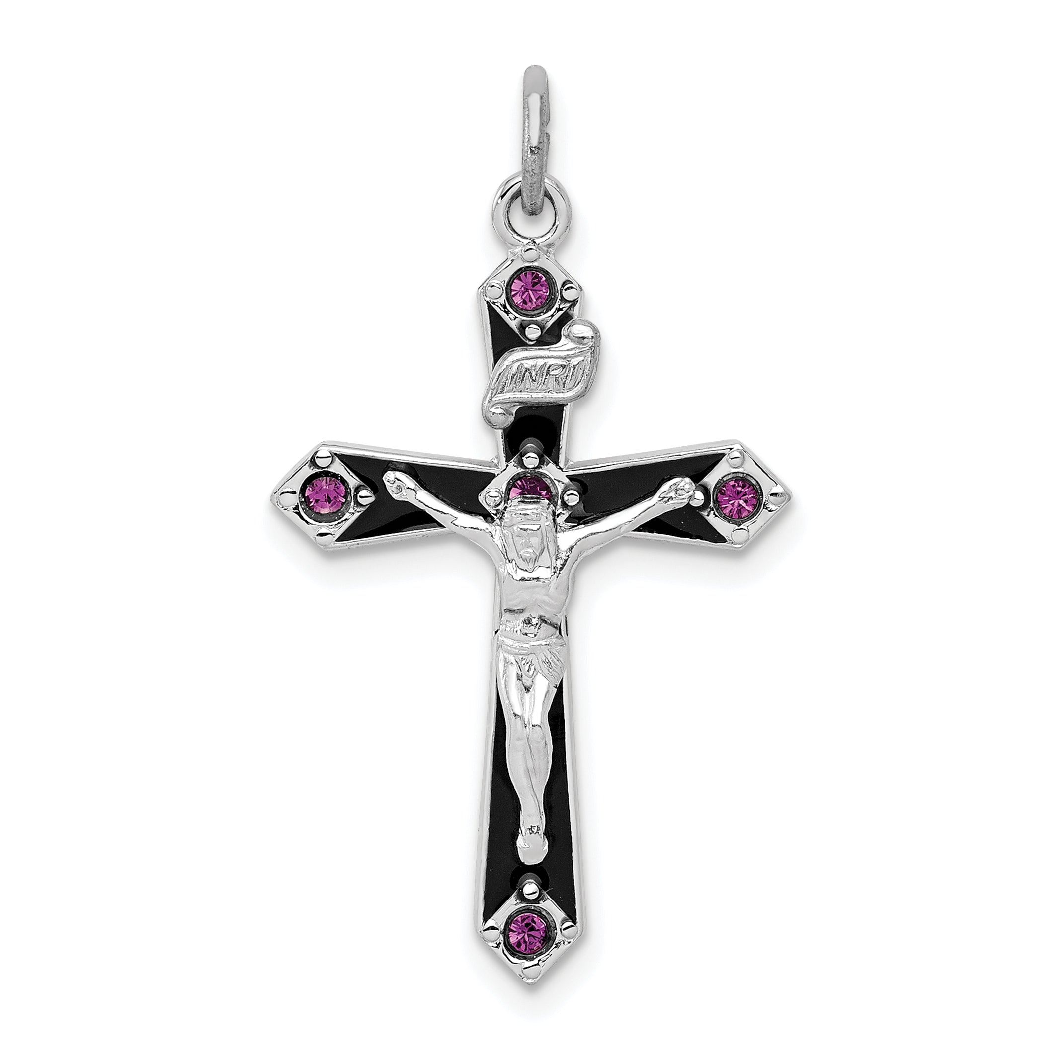 Sterling Silver Rhodium-plated Black Epxy Purple CZ INRI Cross Pendant Main image