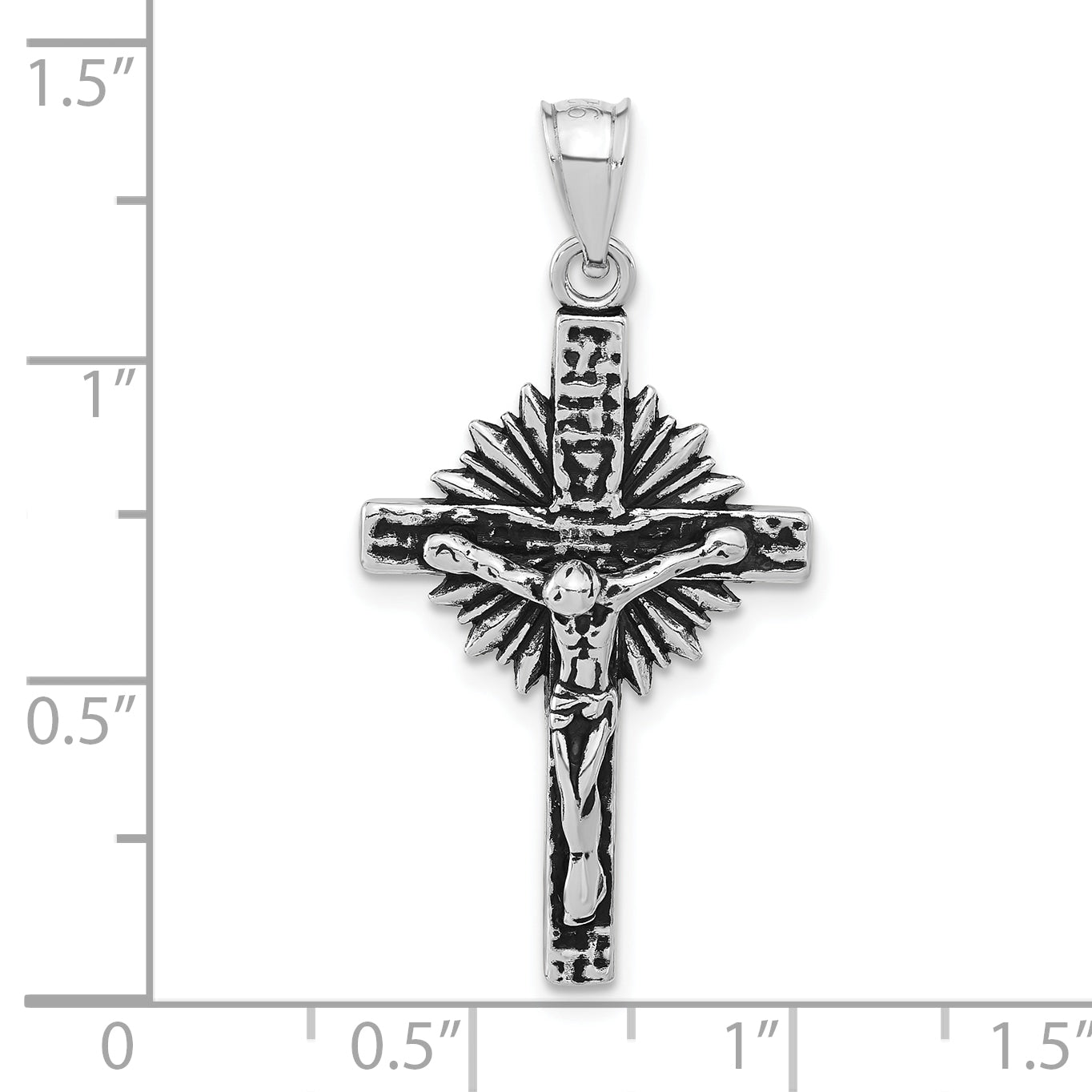 Sterling Silver Antiqued INRI Block Cross w/Rays Crucifix Pendant