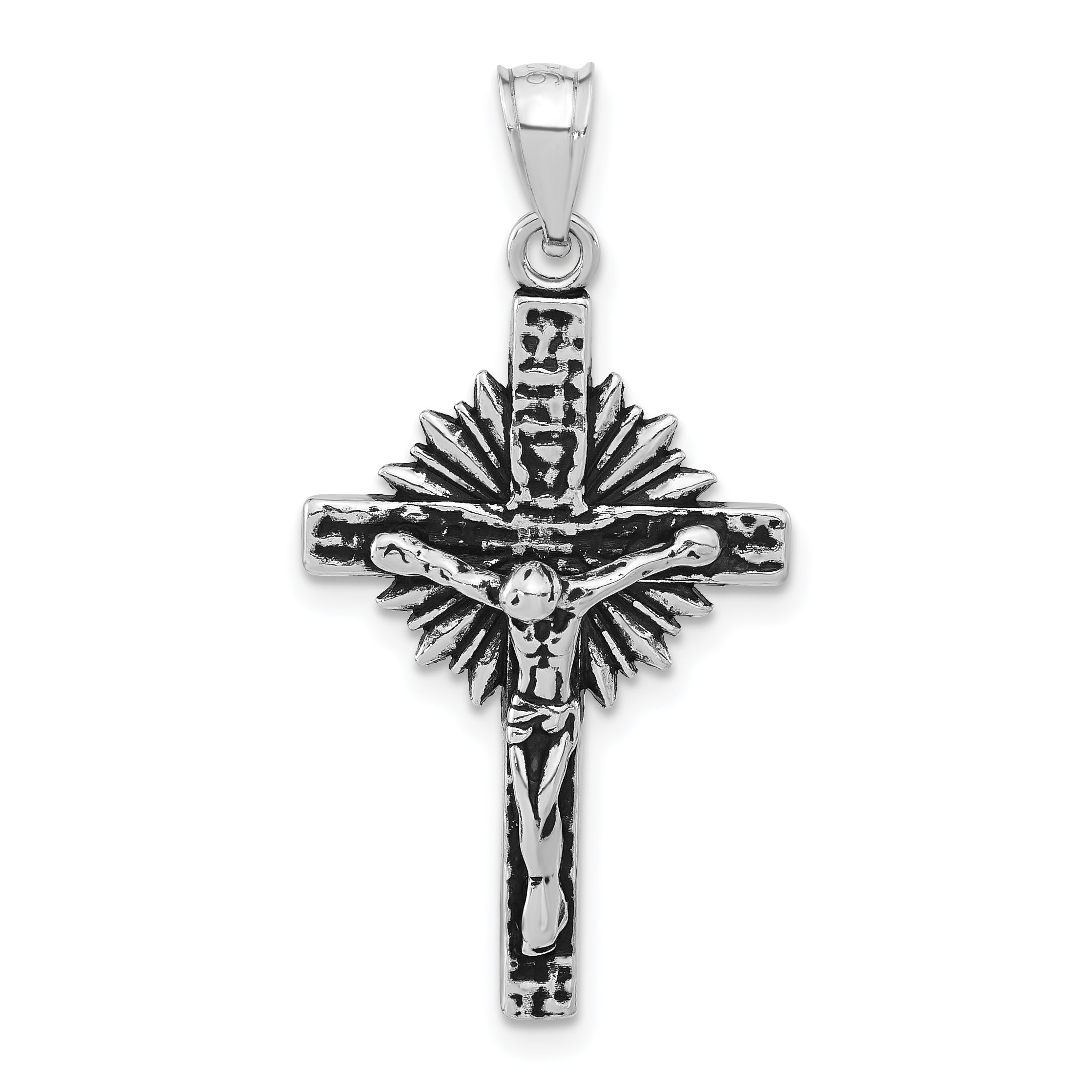 Sterling Silver Polished & Antiqued Cross w/Rays Crucifix Pendant