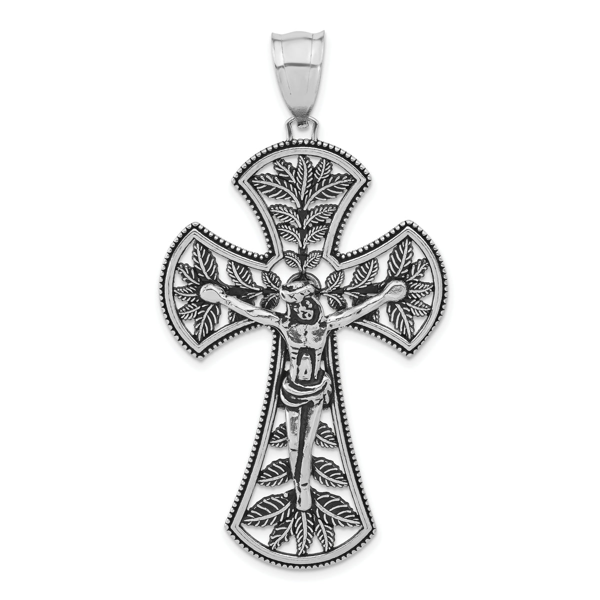 Sterling Silver Polished & Antiqued Large Leaf Crucifix Pendant