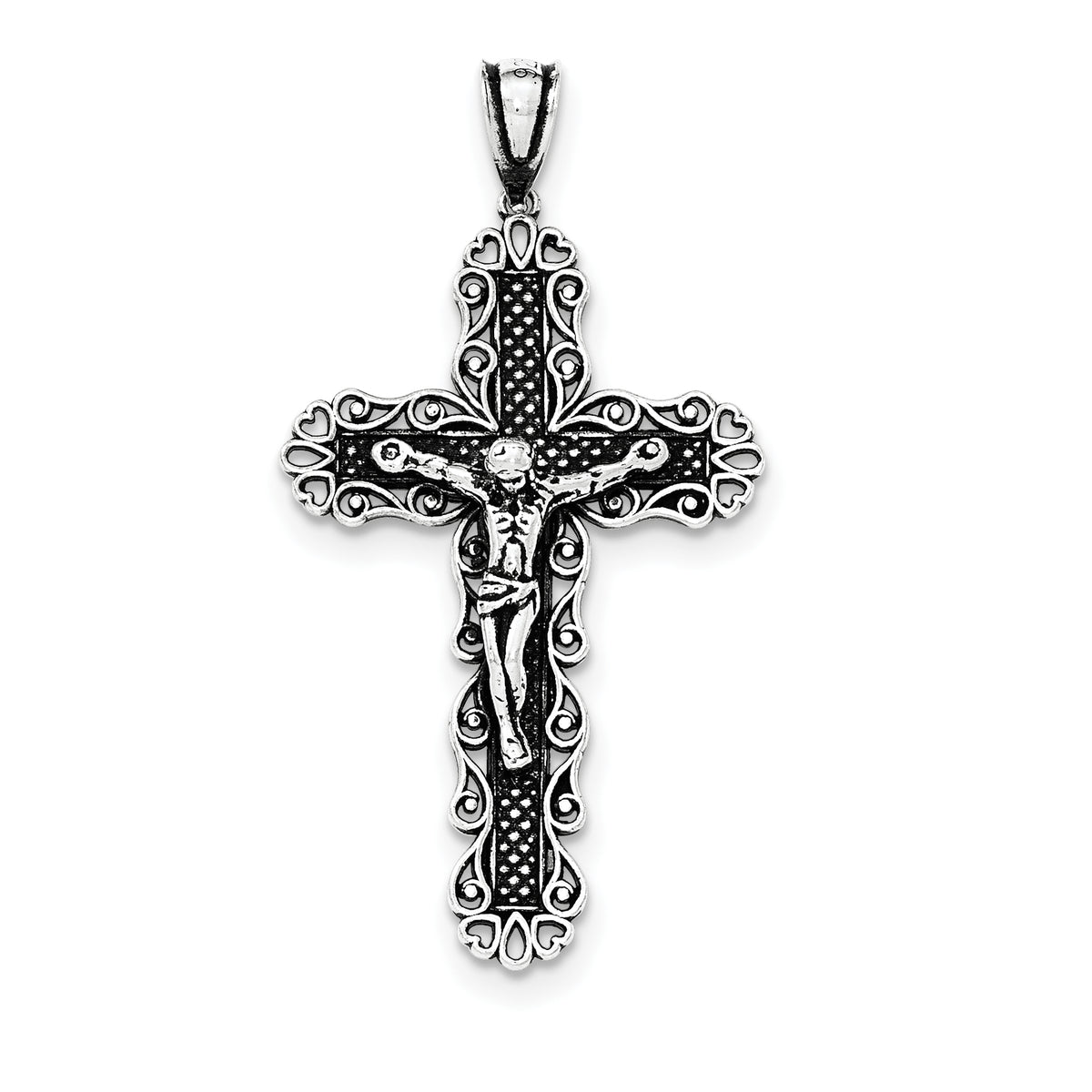 Sterling Silver Antiqued Filigree Cross INRI Crucifix Pendant