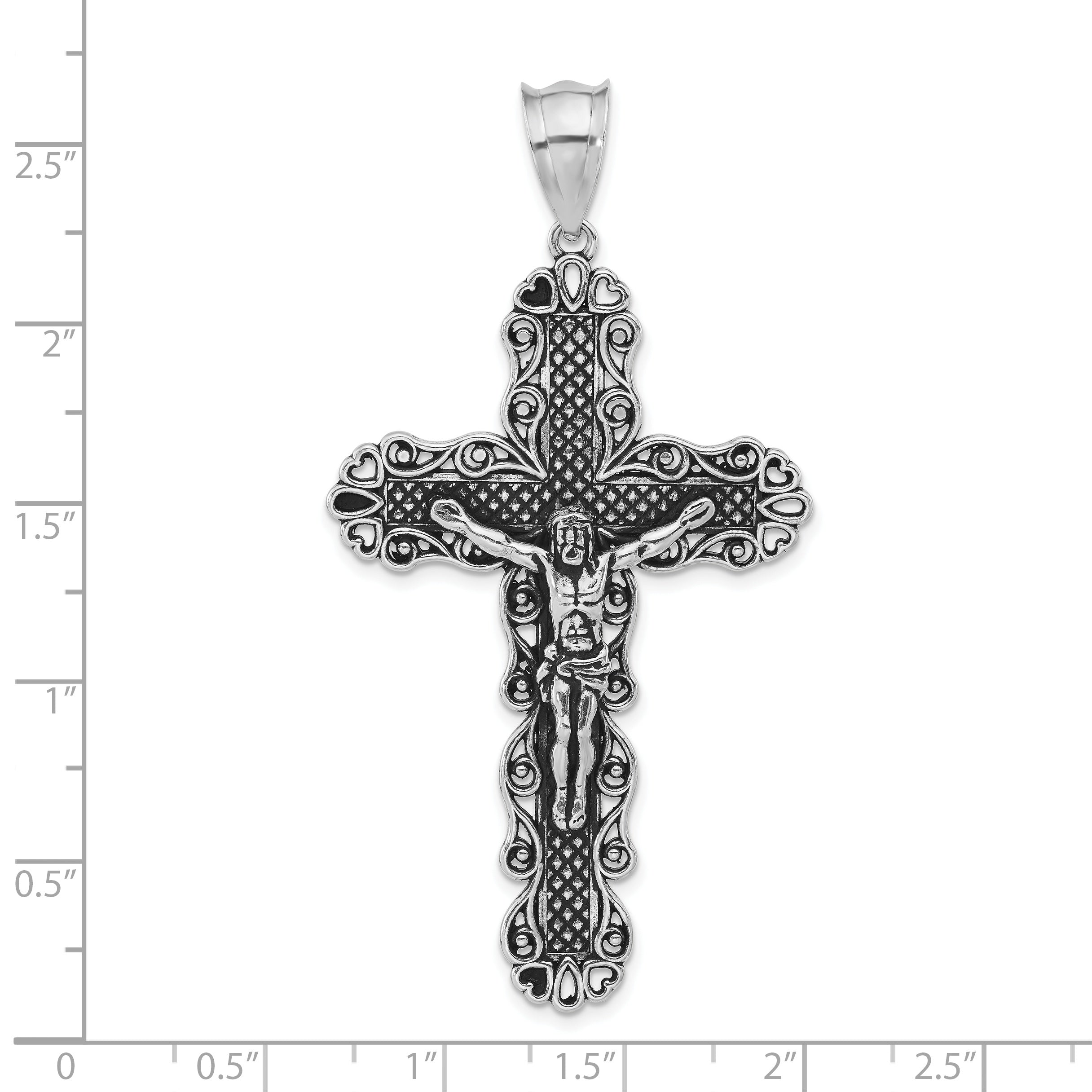 Sterling Silver Antiqued & Textured Large Floral Cross w/Jesus Pendant