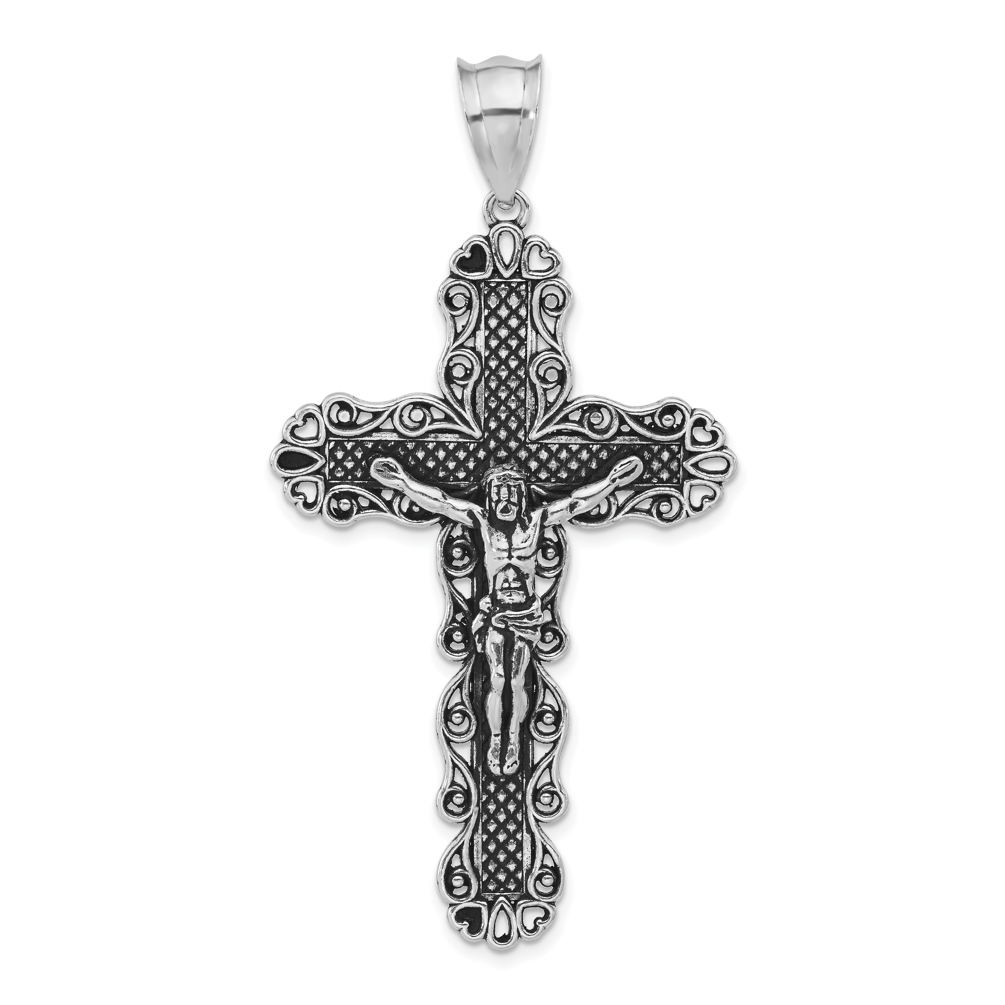 Sterling Silver Polished Antiqued & Textured Large Heart Crucifix Pendant