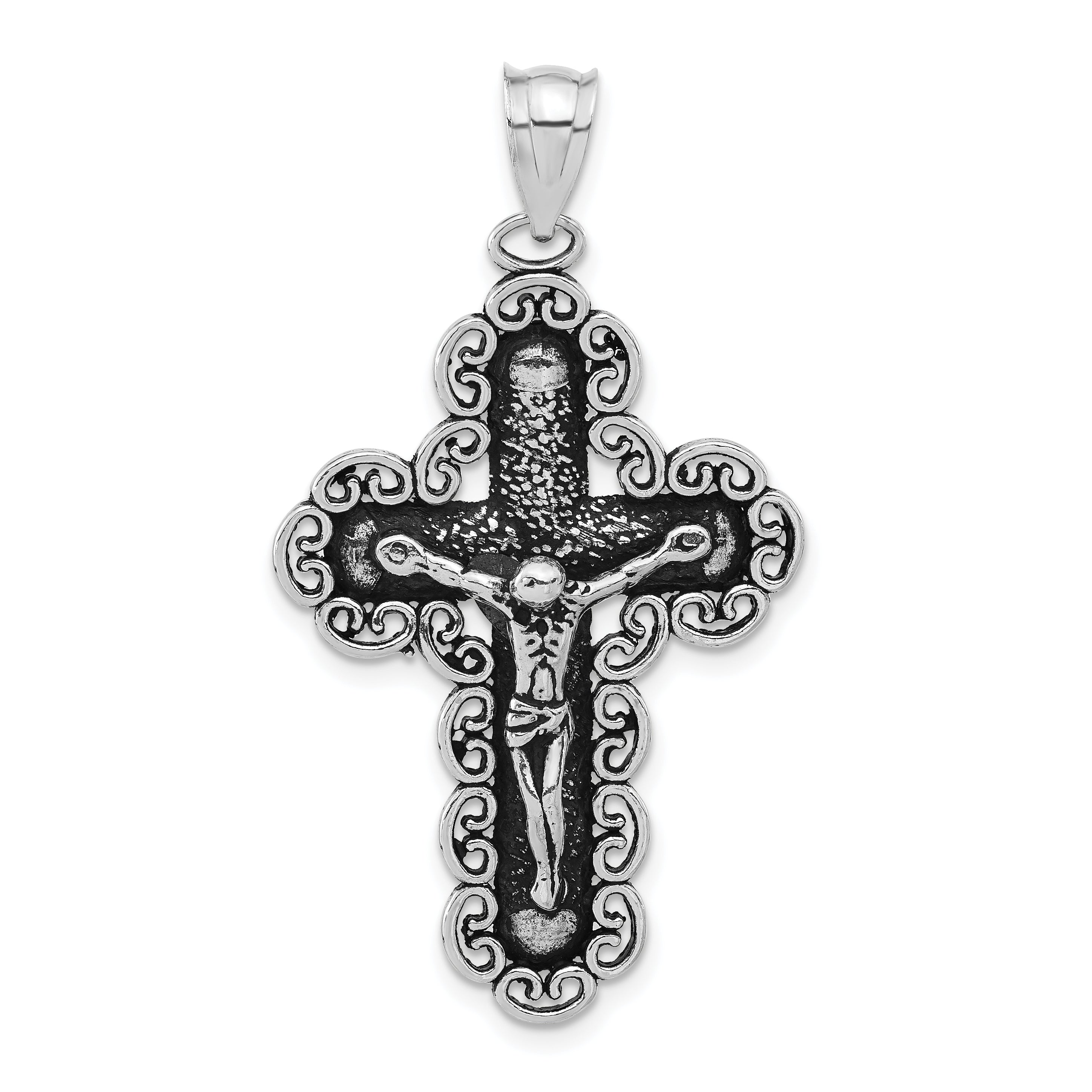 Sterling Silver Polished & Antiqued Filigree Crucifix Pendant