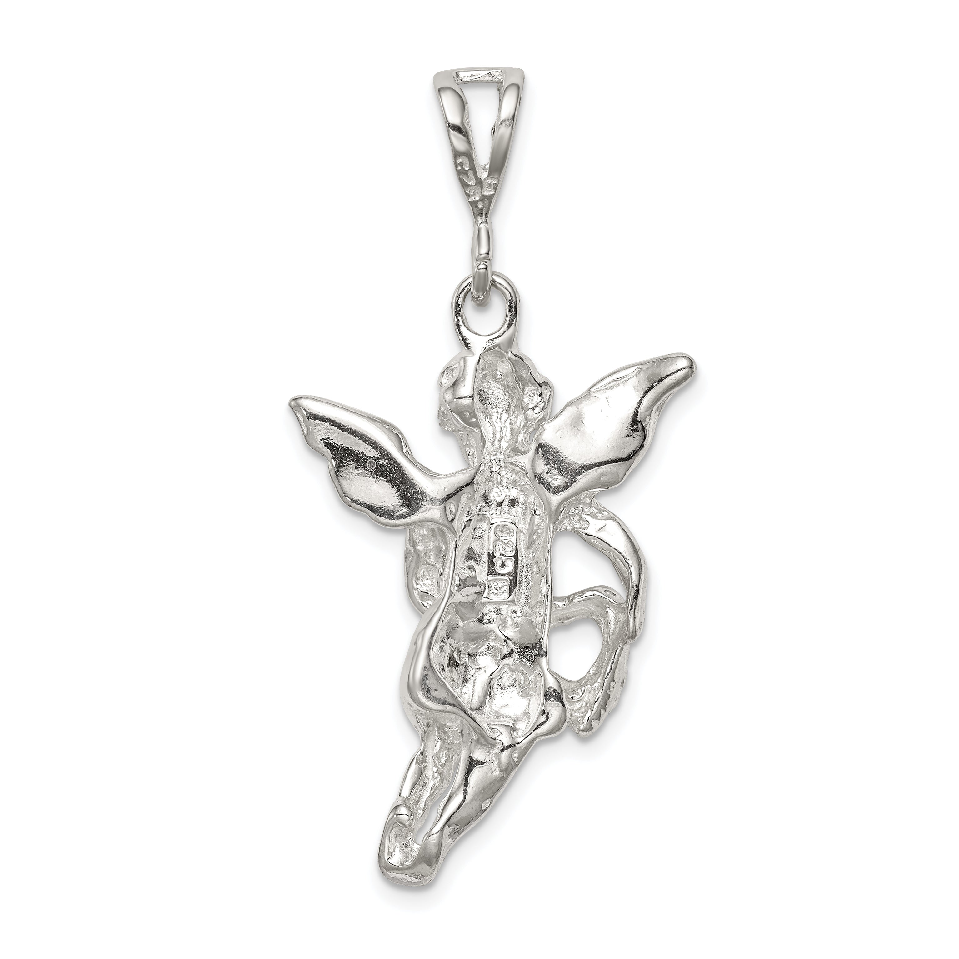 Sterling Silver 925 Flying Angel Pendant with Heart, Polished & Textured