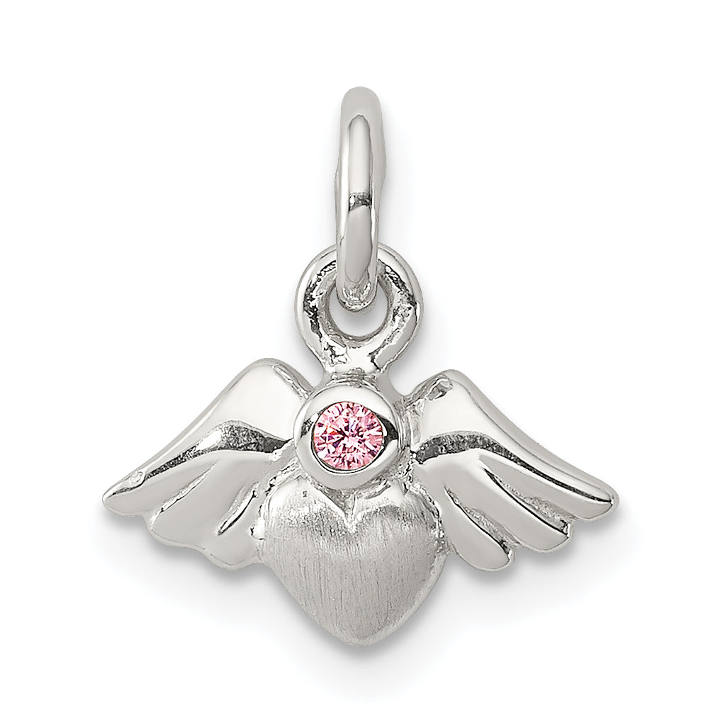 Sterling Silver Rhod-pltd Polished/Satin Heart w/Wings Pink CZ Pendant Main image