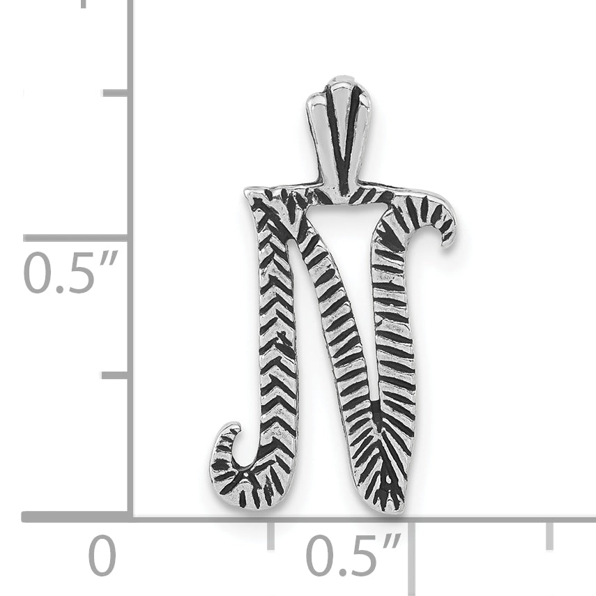 Sterling Silver 925 Unisex Letter N Pendant with Antiqued Striped Texture