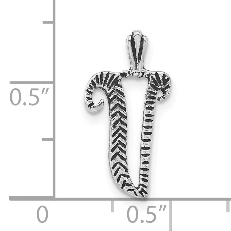Sterling Silver Antiqued Letter V Pendant with Textured Stripes Unisex