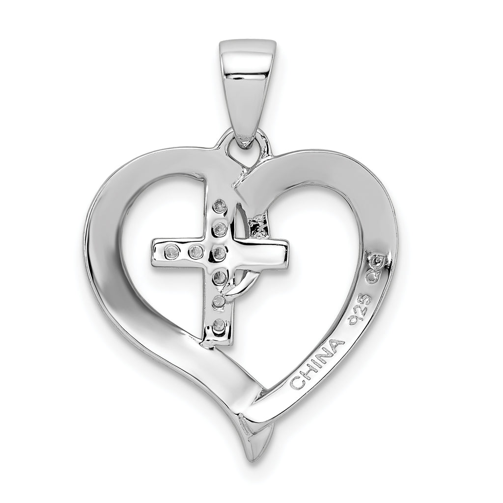 Sterling Silver 925 Heart Pendant with CZ Cross and Rhodium Finish