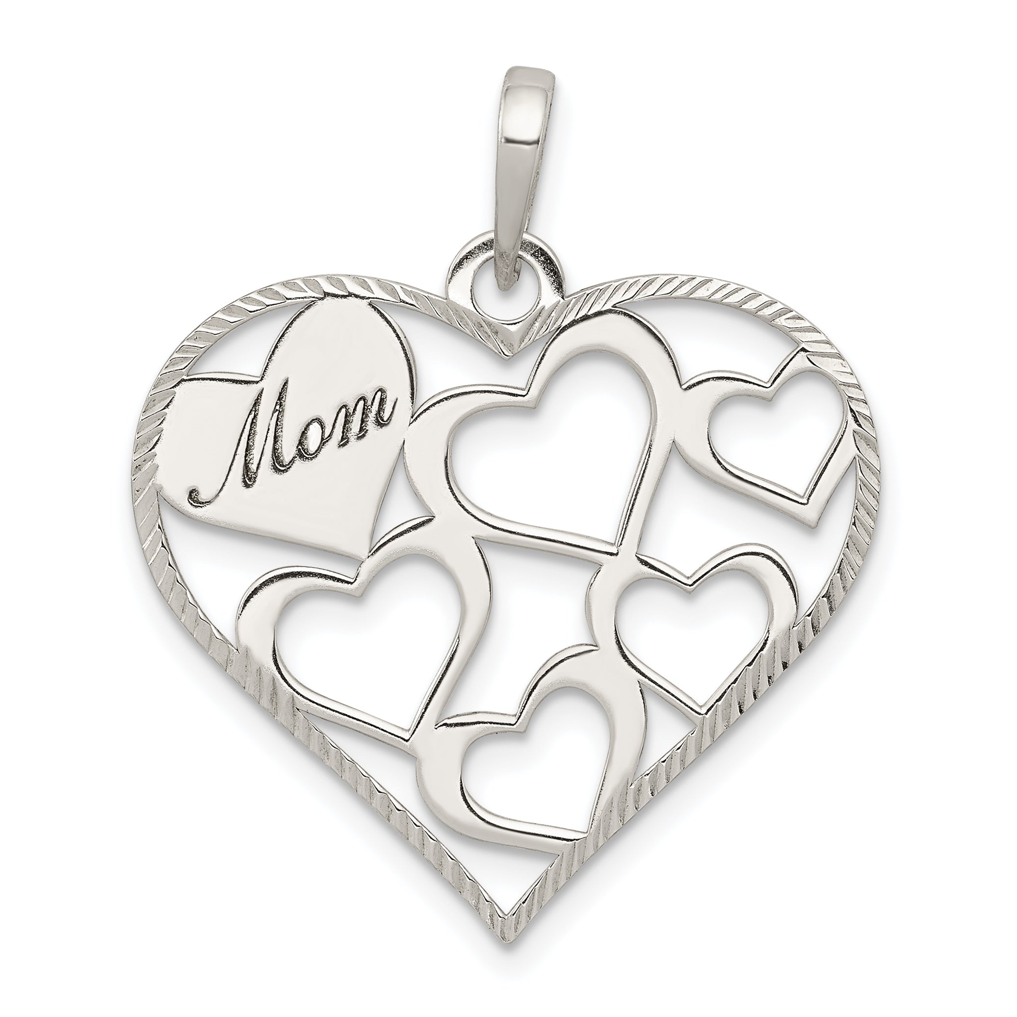 Sterling Silver Polished & Textured 'Mom' Engraved Heart Pendant Main image