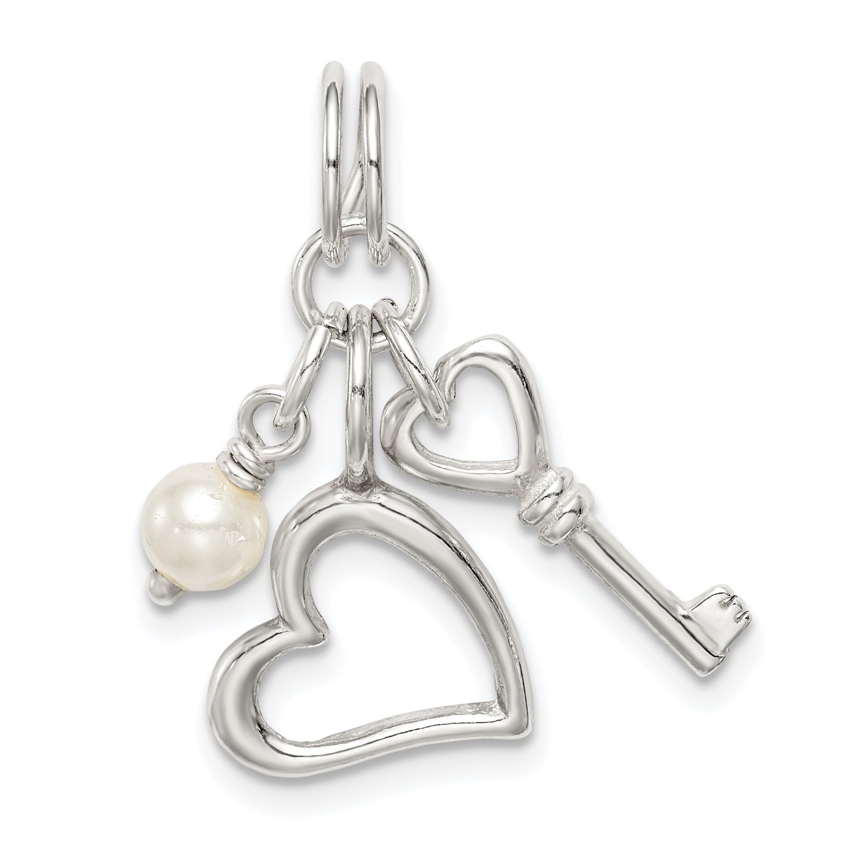 Sterling Silver Polished Key and Heart w/Simulated Pearl Charm Main image