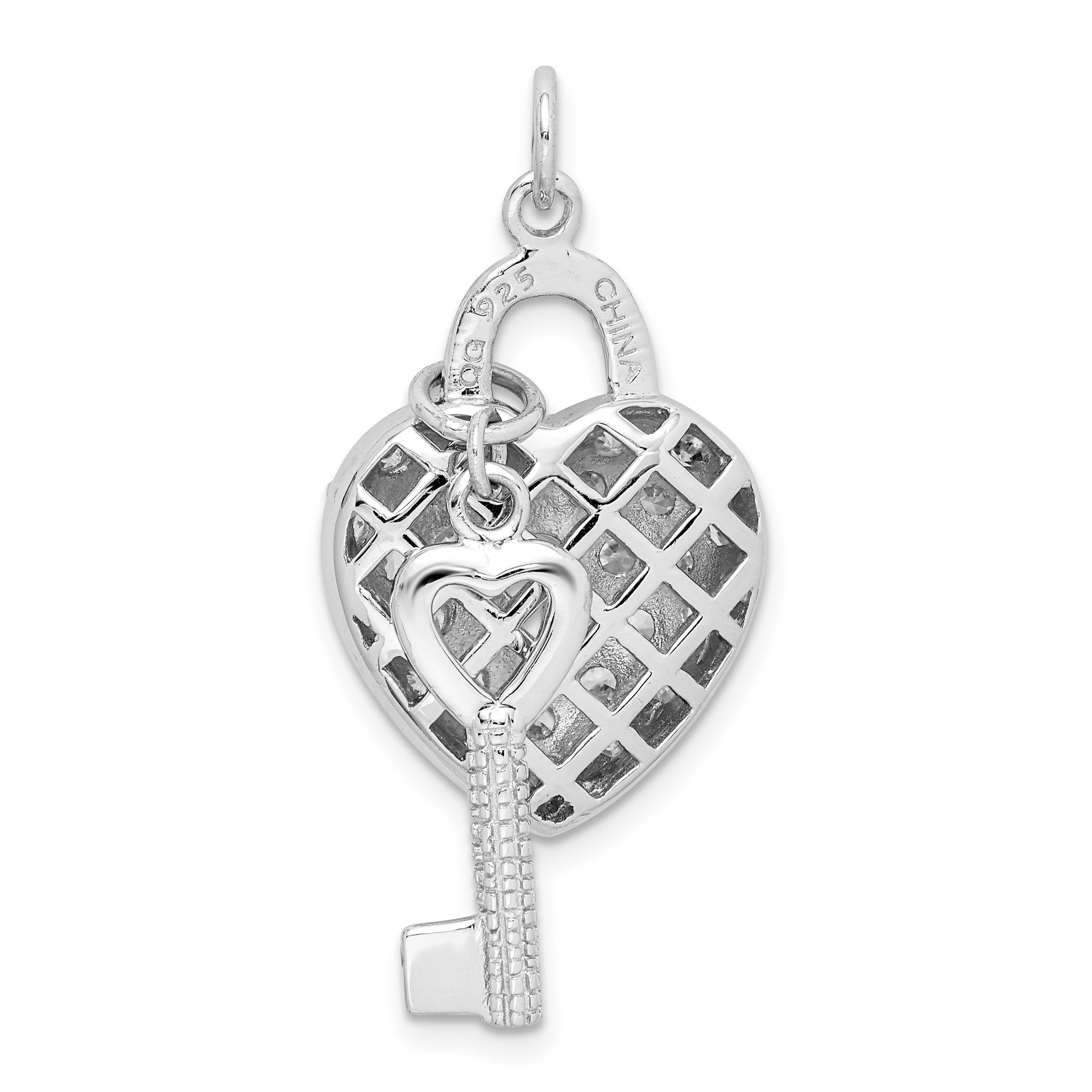 Sterling Silver CZ Heart Lock & Key Pendant with Rhodium Finish