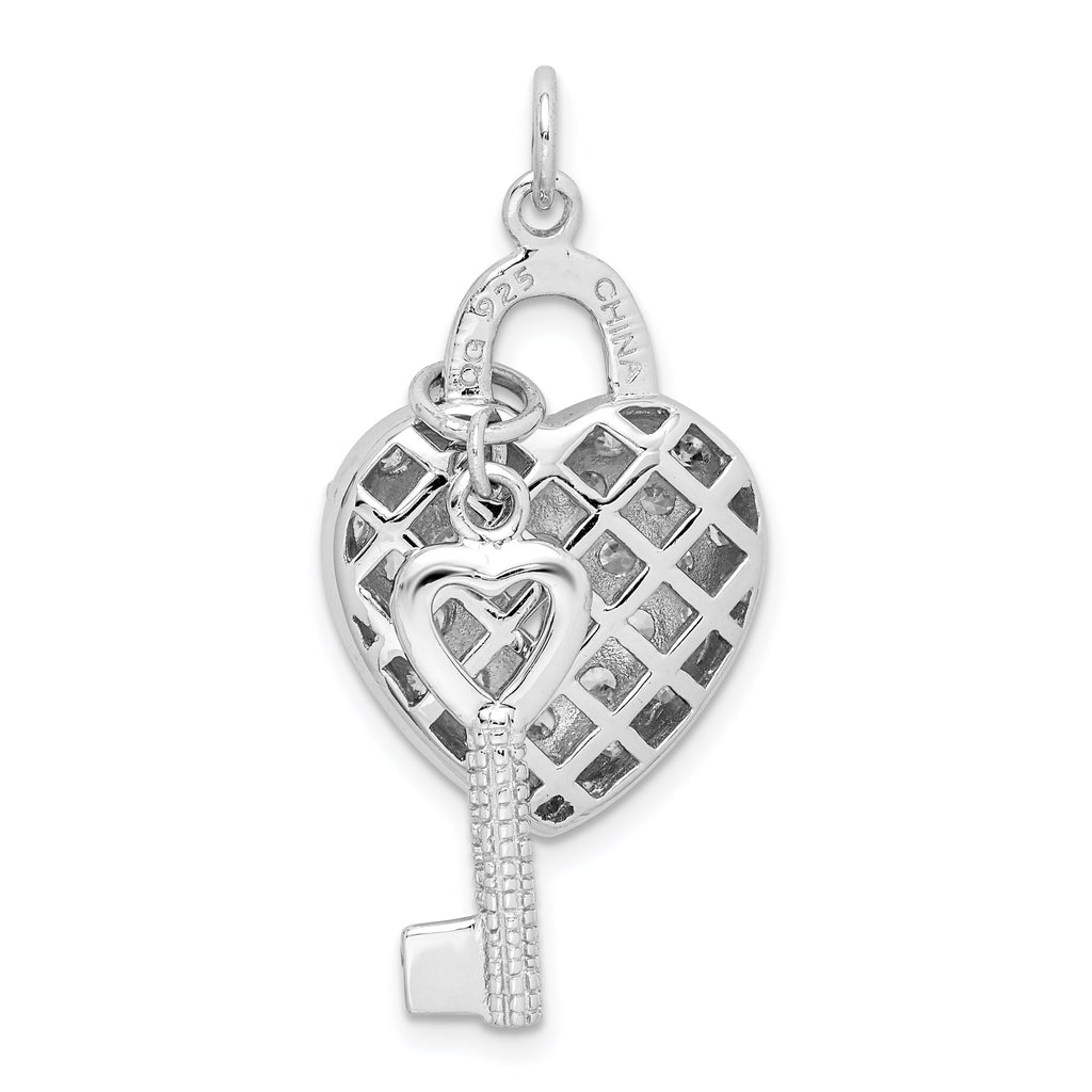 Sterling Silver CZ Heart Lock & Key Pendant with Rhodium Finish