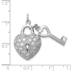 Sterling Silver CZ Heart Lock & Key Pendant with Rhodium Finish