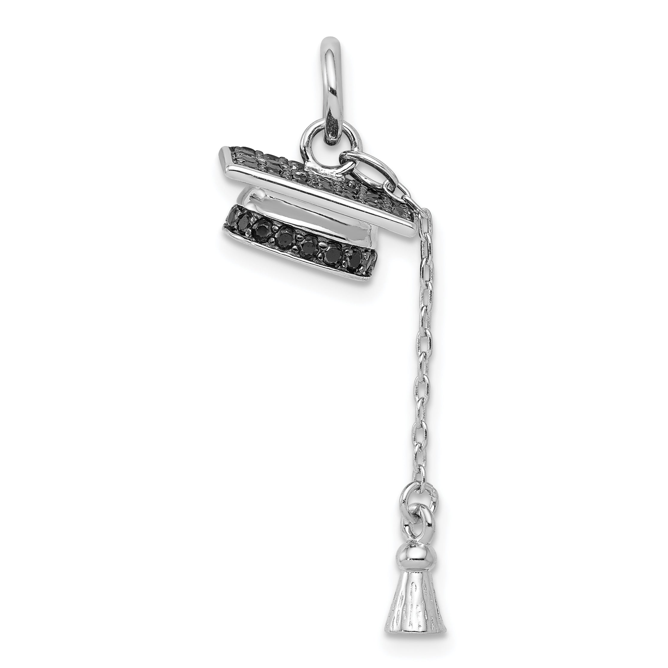Sterling Silver Rhodium-plated Graduation Cap w/Black CZ Pendant Main image