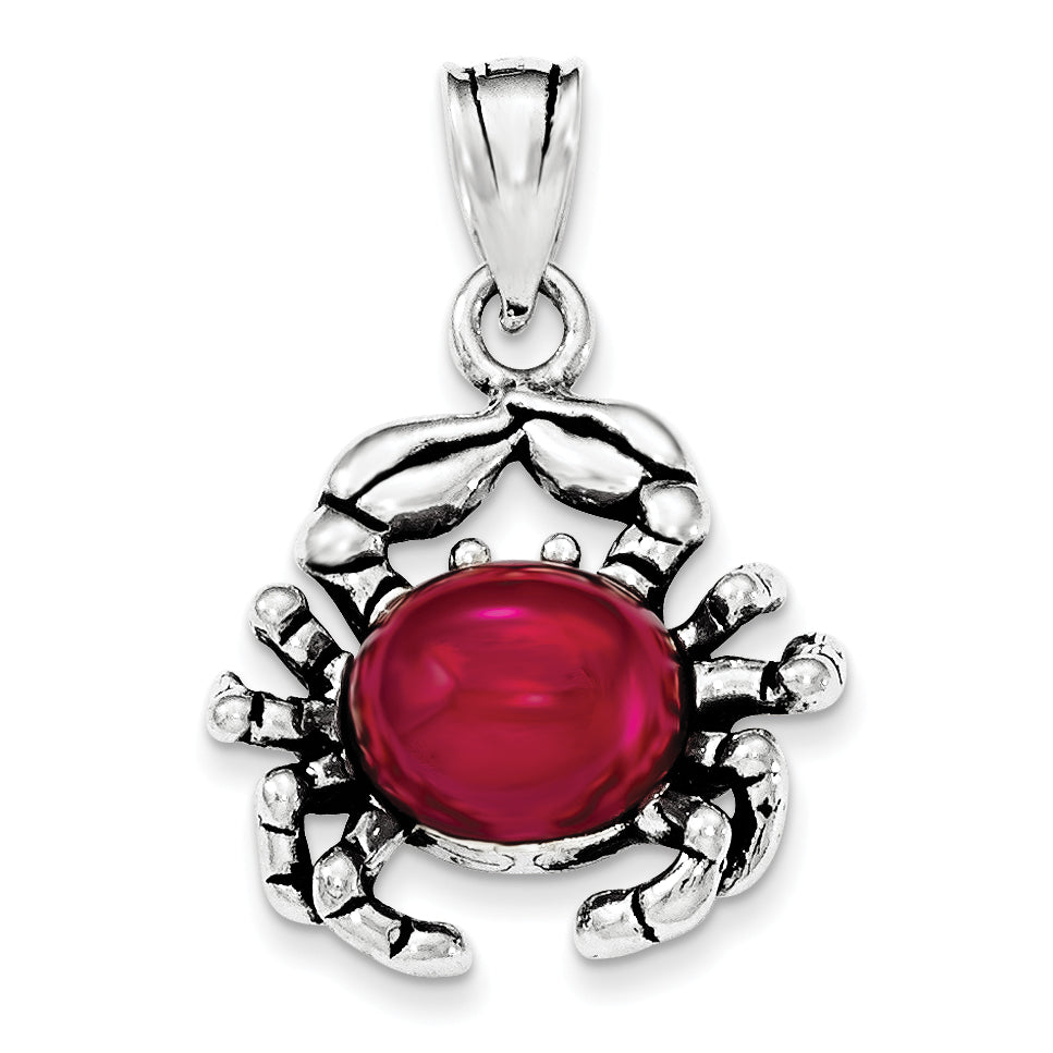 Sterling Silver Antiqued w/ Red Stone Crab Pendant