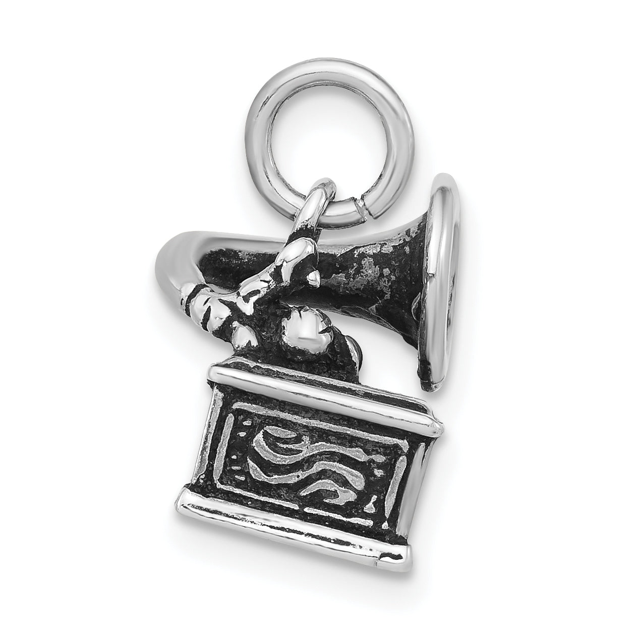 Unisex Sterling Silver 3D Phonograph Pendant with Antiqued Finish