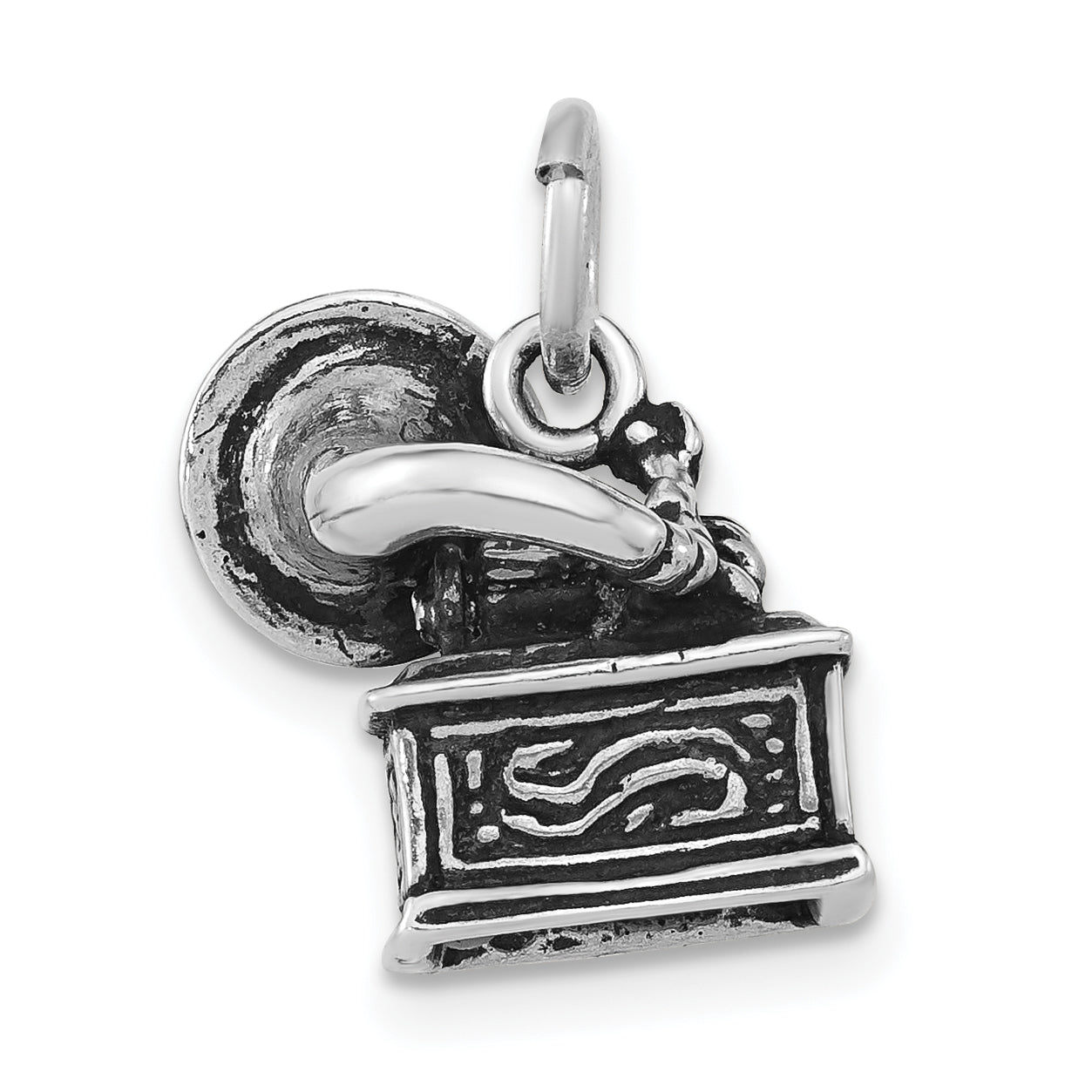 Unisex Sterling Silver 3D Phonograph Pendant with Antiqued Finish