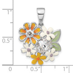 Sterling Silver CZ Enamel Flower Pendant with Polished Finish Unisex