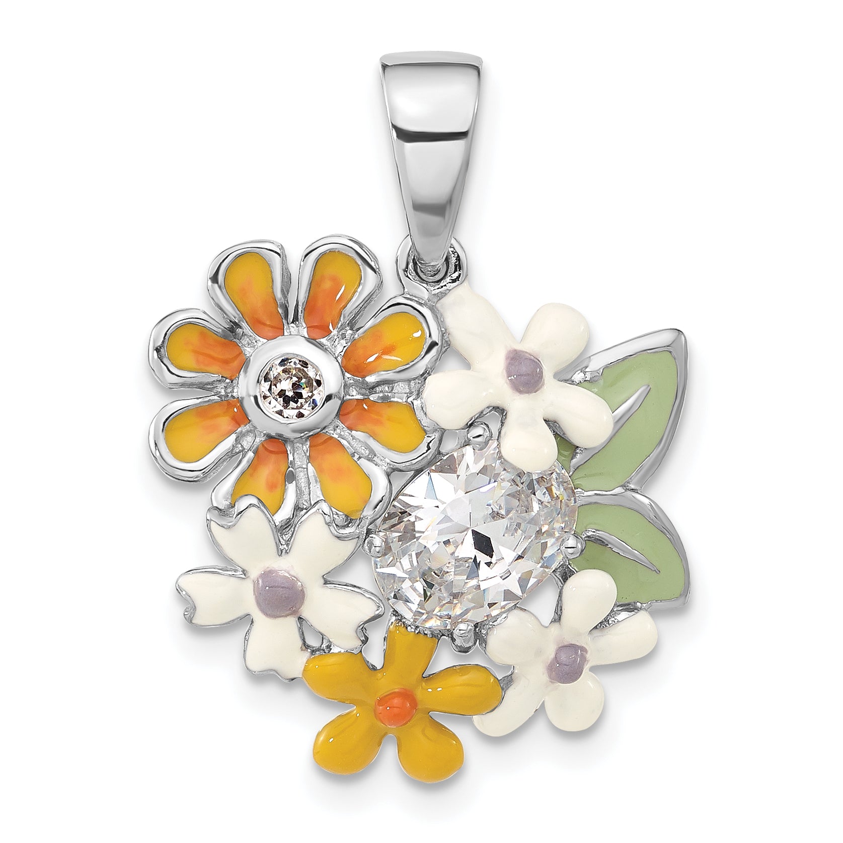 Sterling Silver Polished CZ & Enameled Floral Pendant Main image