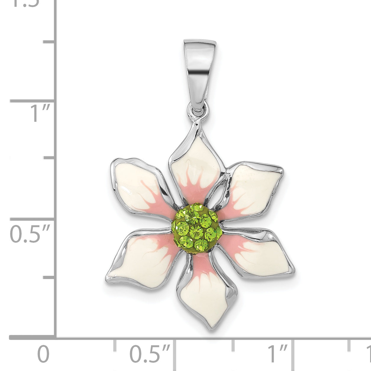 Sterling Silver 925 Floral Pendant with Green Crystal and Pink Enamel