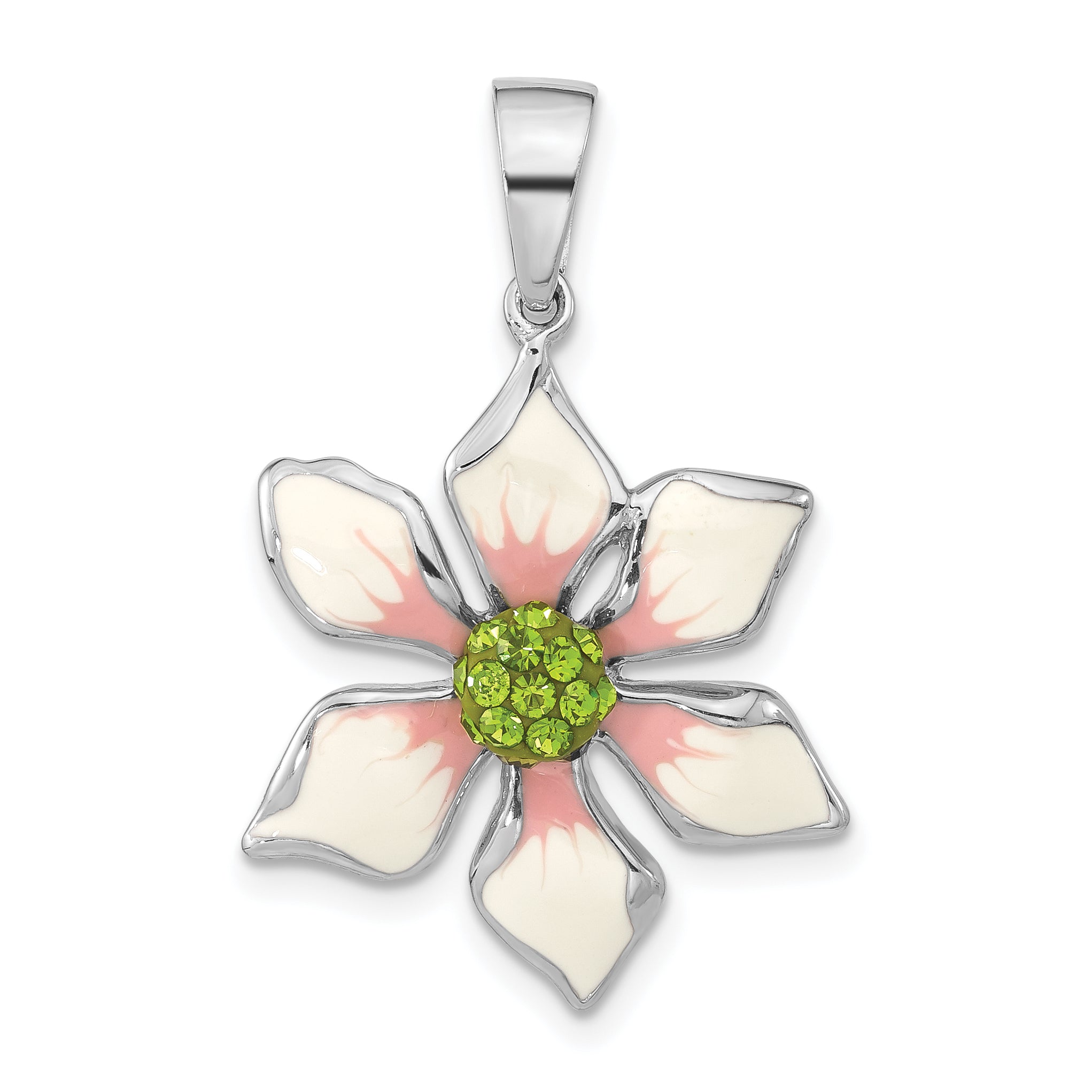 Sterling Silver Polished Green Preciosa Crystal & Enameled Flower Pendant
