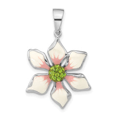 Sterling Silver Polished Green Preciosa Crystal & Enameled Flower Pendant