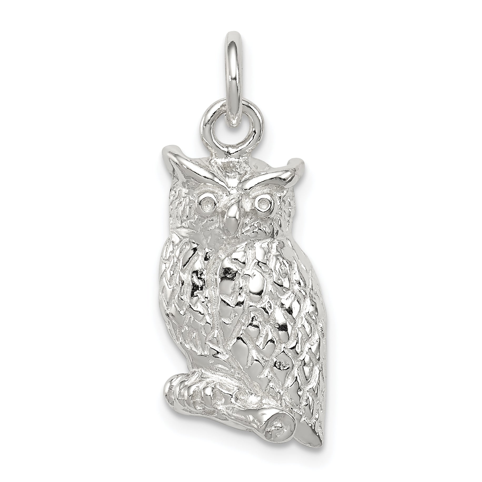 Sterling Silver Polished & Textured Perched Owl Pendant Main image