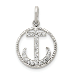 Cubic Zirconia Anchor Pendant in Sterling Silver, 22mm Textured - Sophia Jewelers