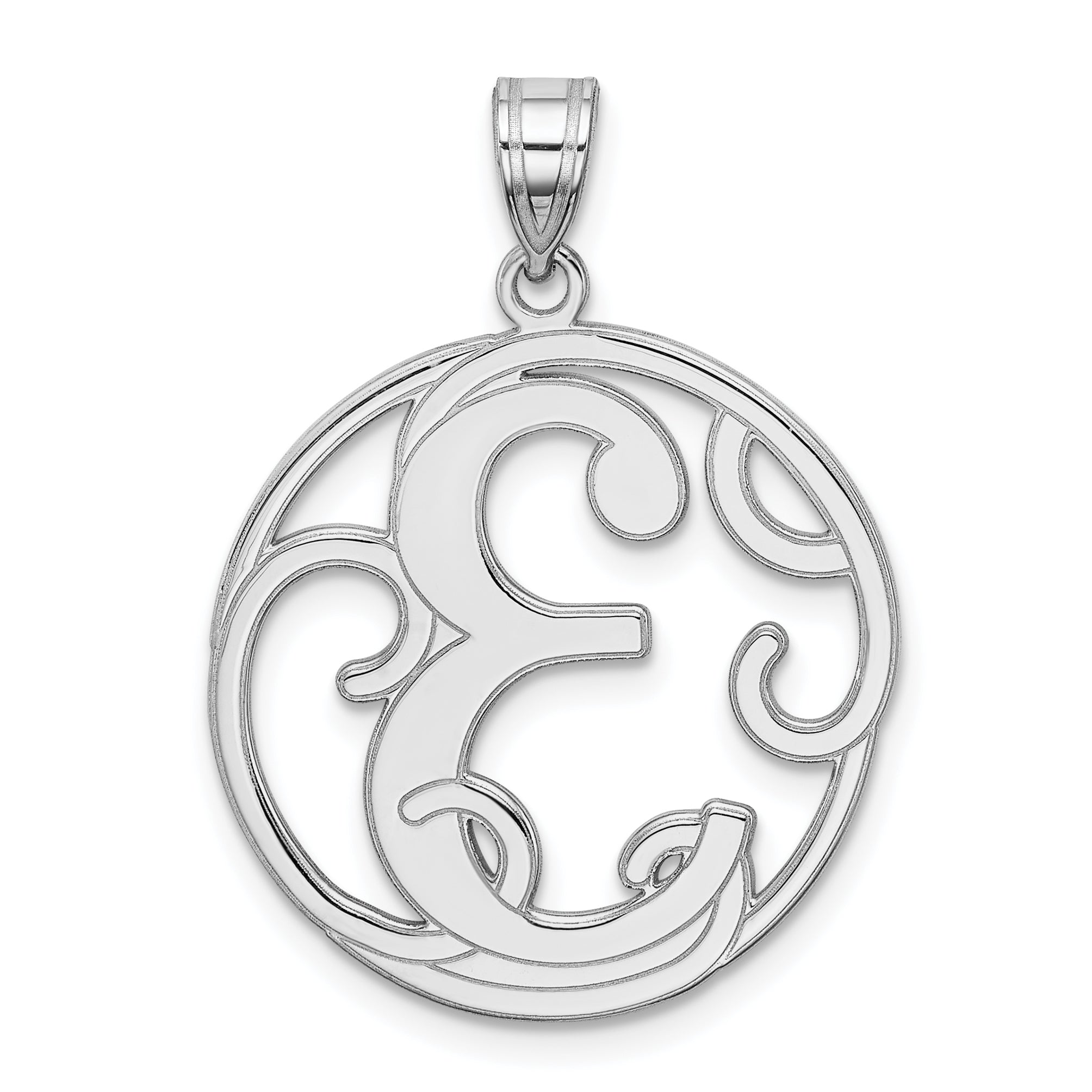Sterling Silver Rhodium-plated Fancy Script Letter E Initial Pendant