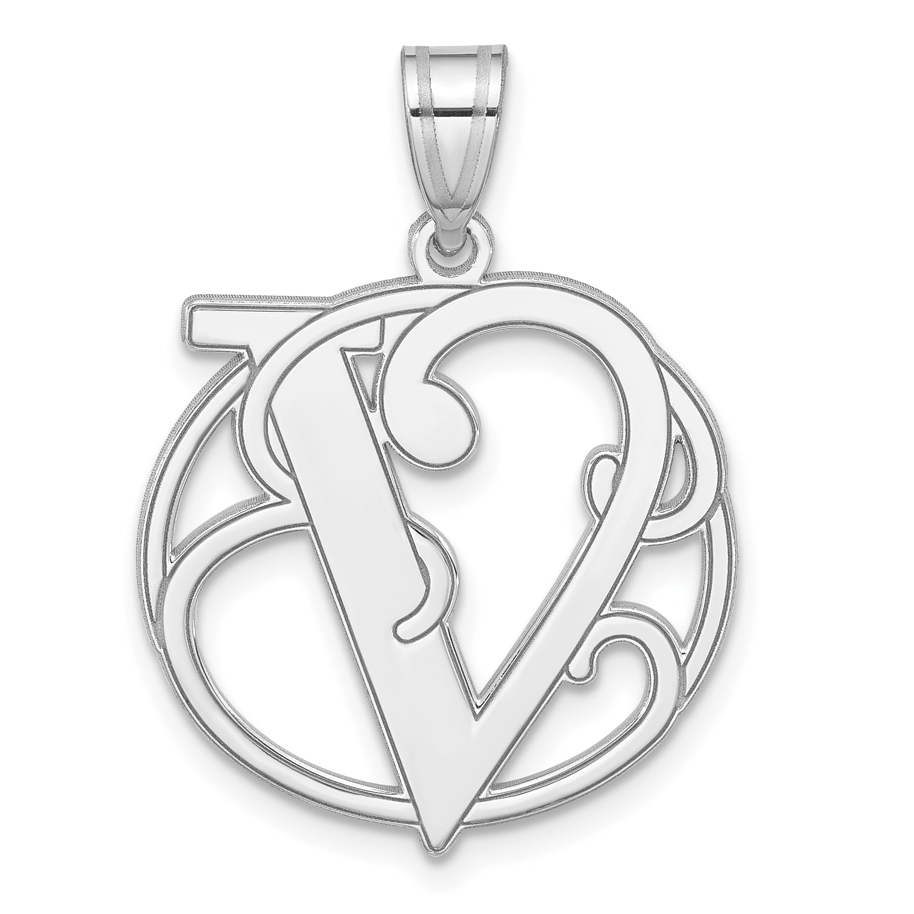 Sterling Silver Rhodium-plated Fancy Script Letter V Initial Pendant Main image