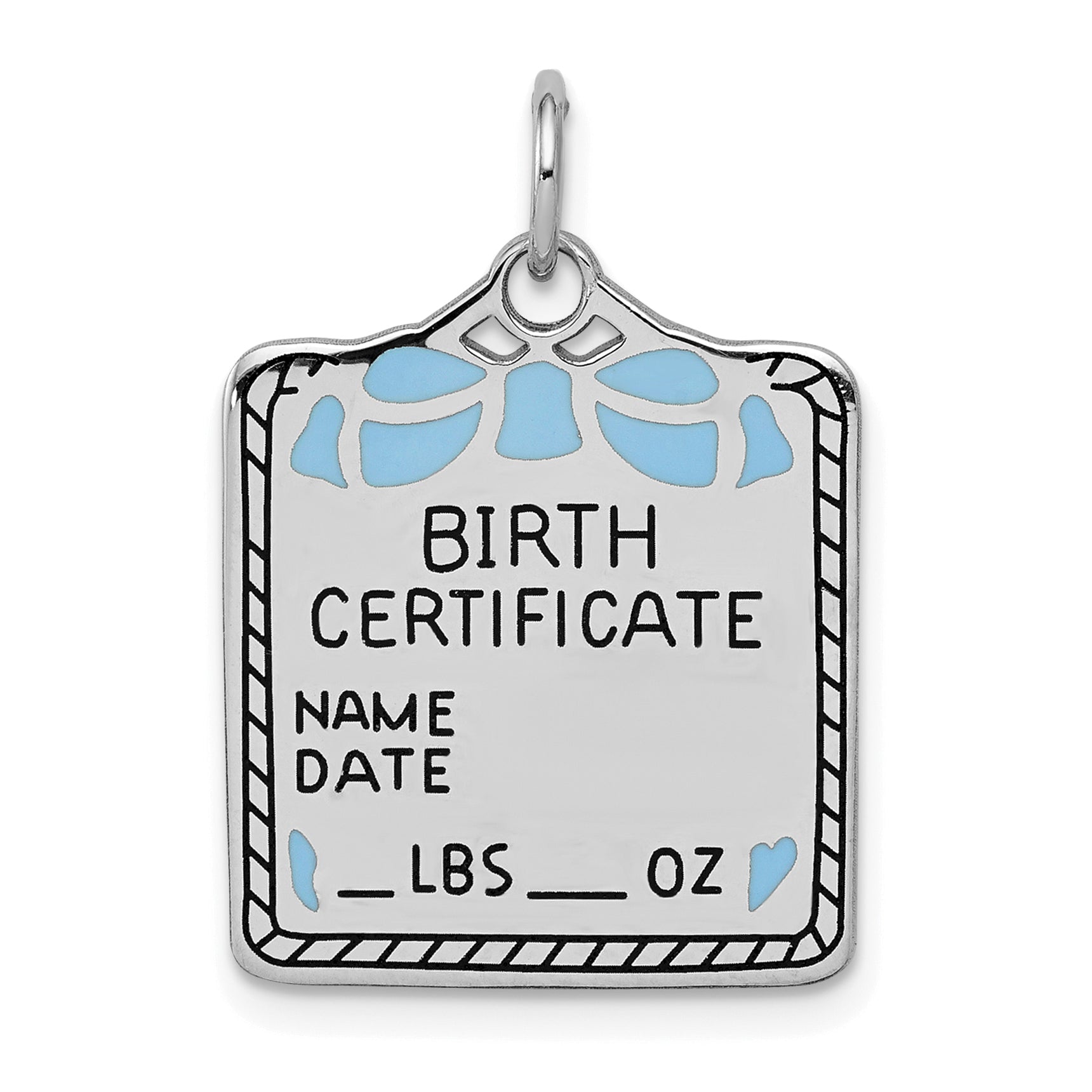 SS Rh-plt Blue Birth Certificate Polished Front/Satin Back Charm Main image
