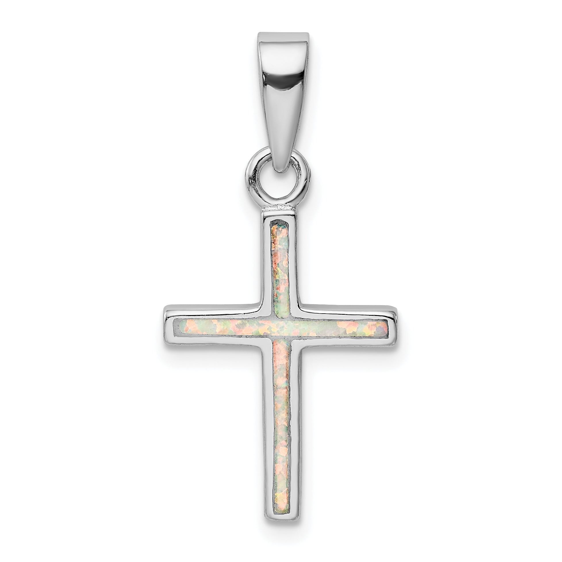 Sterling Silver Rhodium-plated White Lab Created Opal Cross Pendant Main image